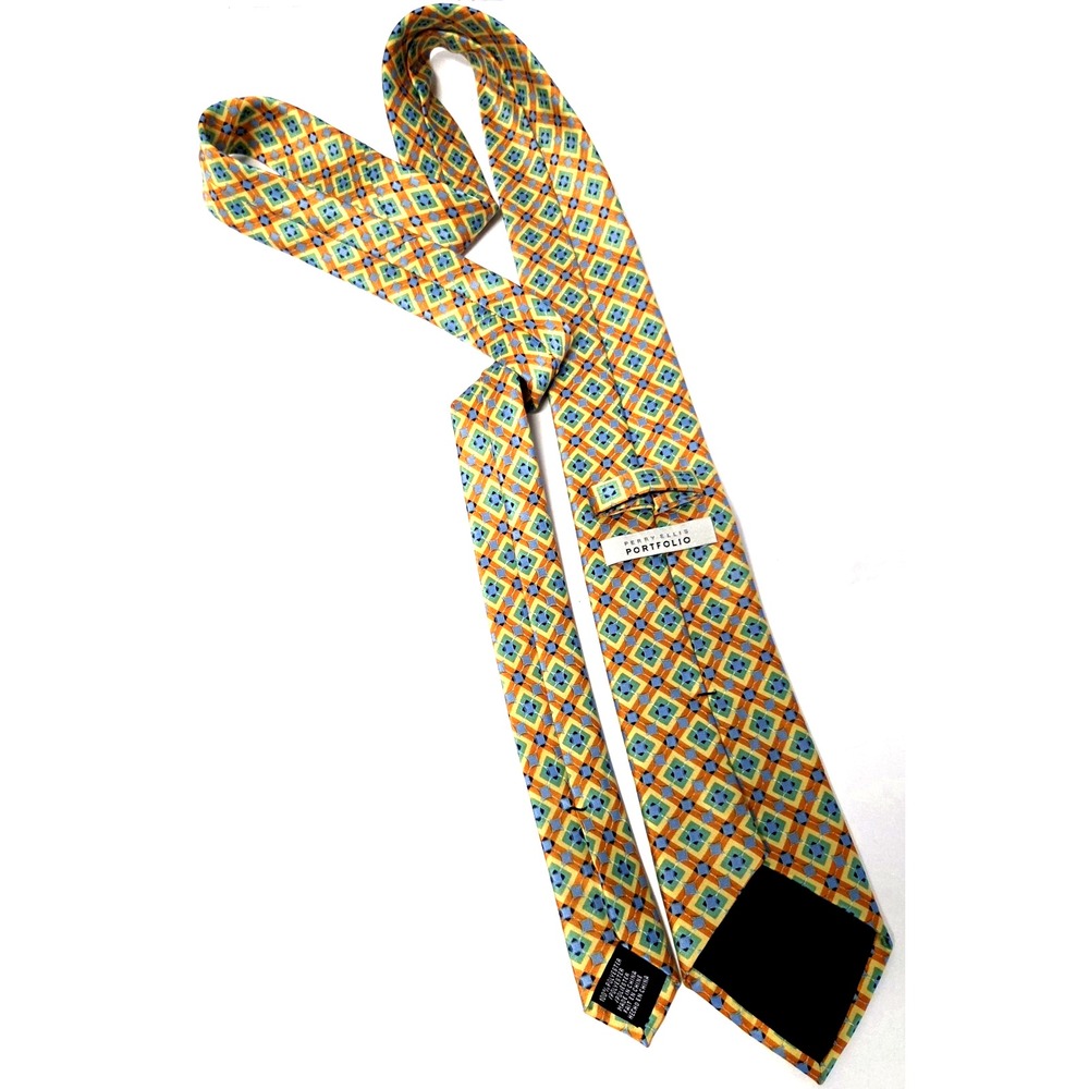 Perry Ellis Necktie Orange/Yellow/Blue/Mint Geometric Diamond Print Poly Tie - Picture 6 of 8